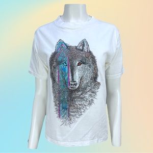Vintage White 1998 DIAMOND DUST Glitter WOLF Tee Size Small